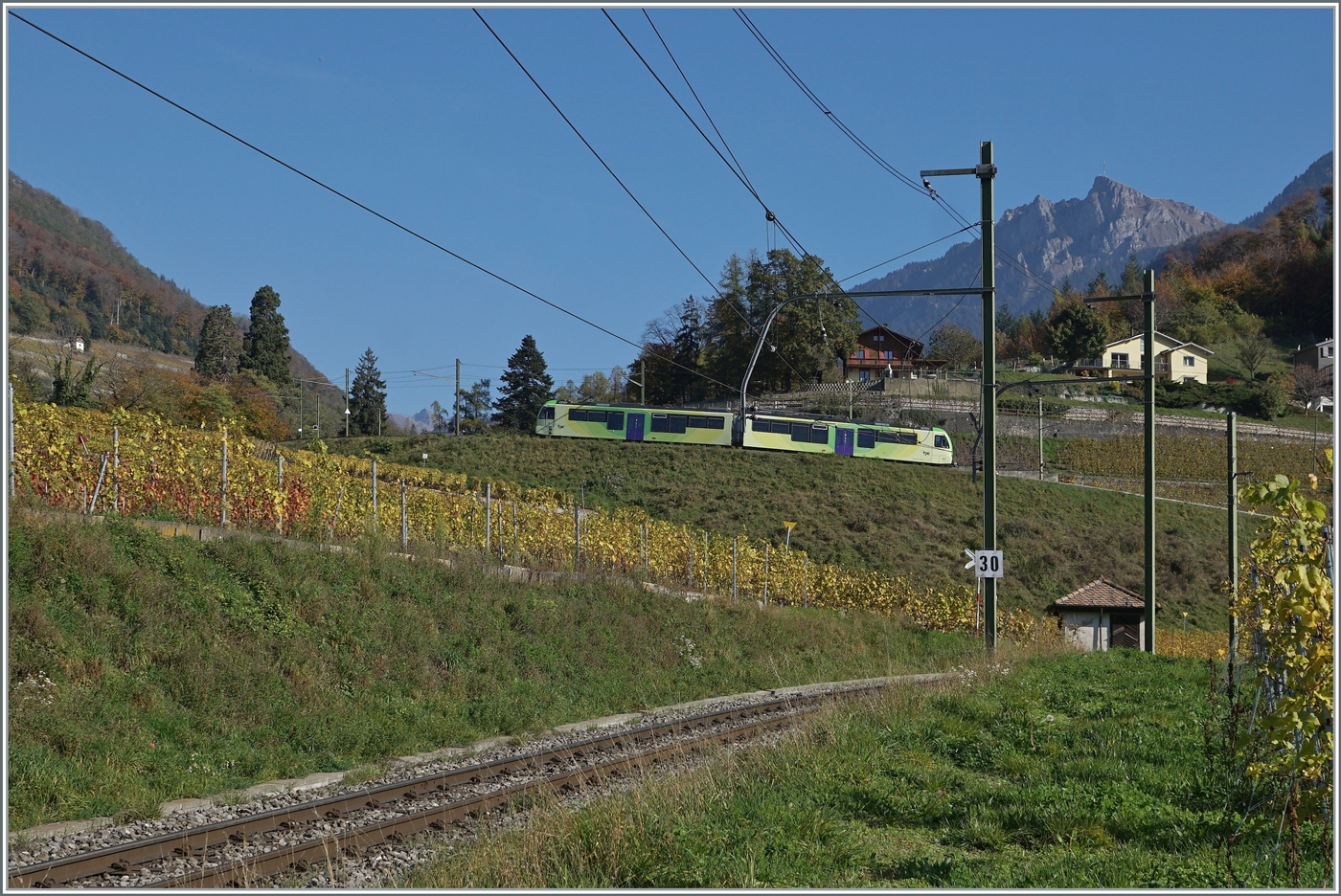 Der TPC ASD ABe 4/8 472 ist in den Weinbergen oberhalb von Aigle auf dem Weg nach Aigle. 

2. Nov. 2024