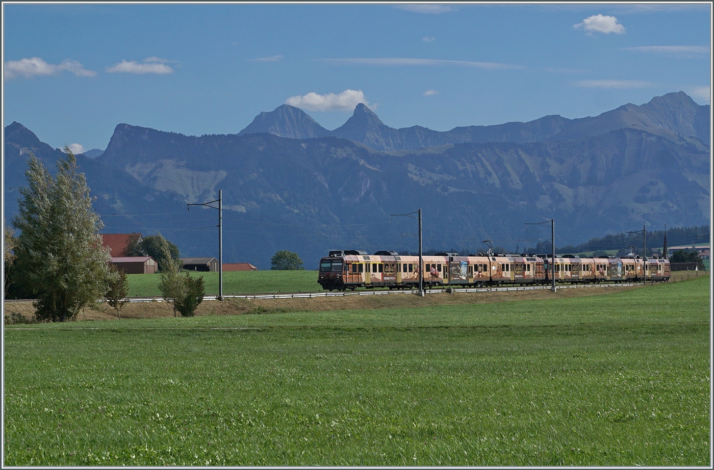 Die beiden TPF RBDe 560 245 und 235 Domino Züge in der  Chocolat Express  Werbung sind als RE 3825 von Broc-Farbique nach Bern unterwegs. Das Bild entstand zwischen Vaulruz und Sâles vor dem Hintergrund der Freibuger Alpen. 

29. September 2023