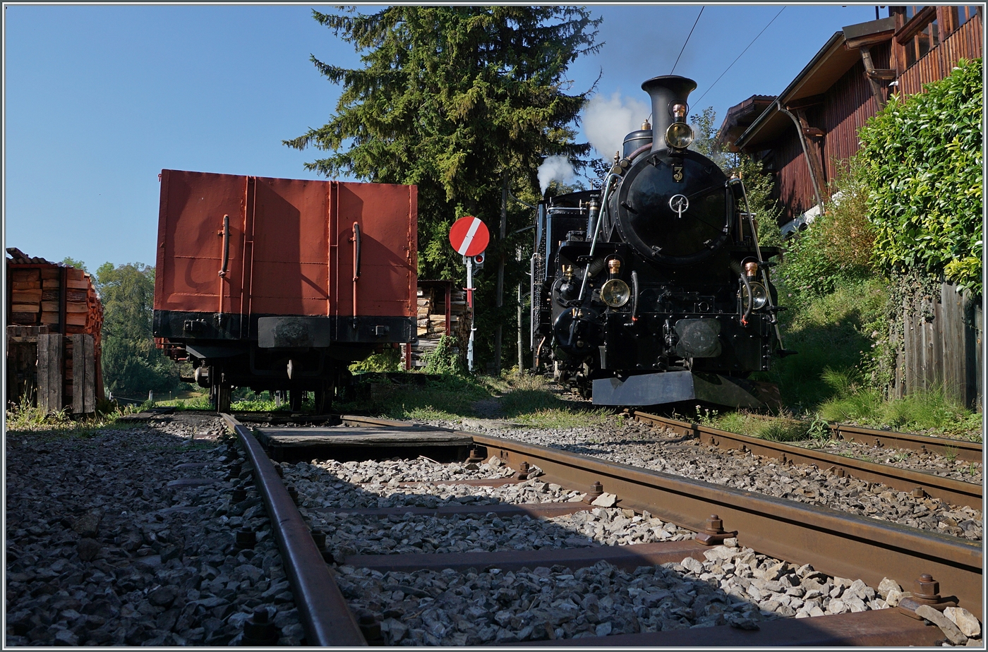 Die BFD HG 3/4 N° 3 der Blonay-Chamby Bahn wird in den Museumsbahnhof von Chaulin einfahren, muss aber noch vor dem geschlossen Einfahrsignal warten. 

9. Sept. 2023 