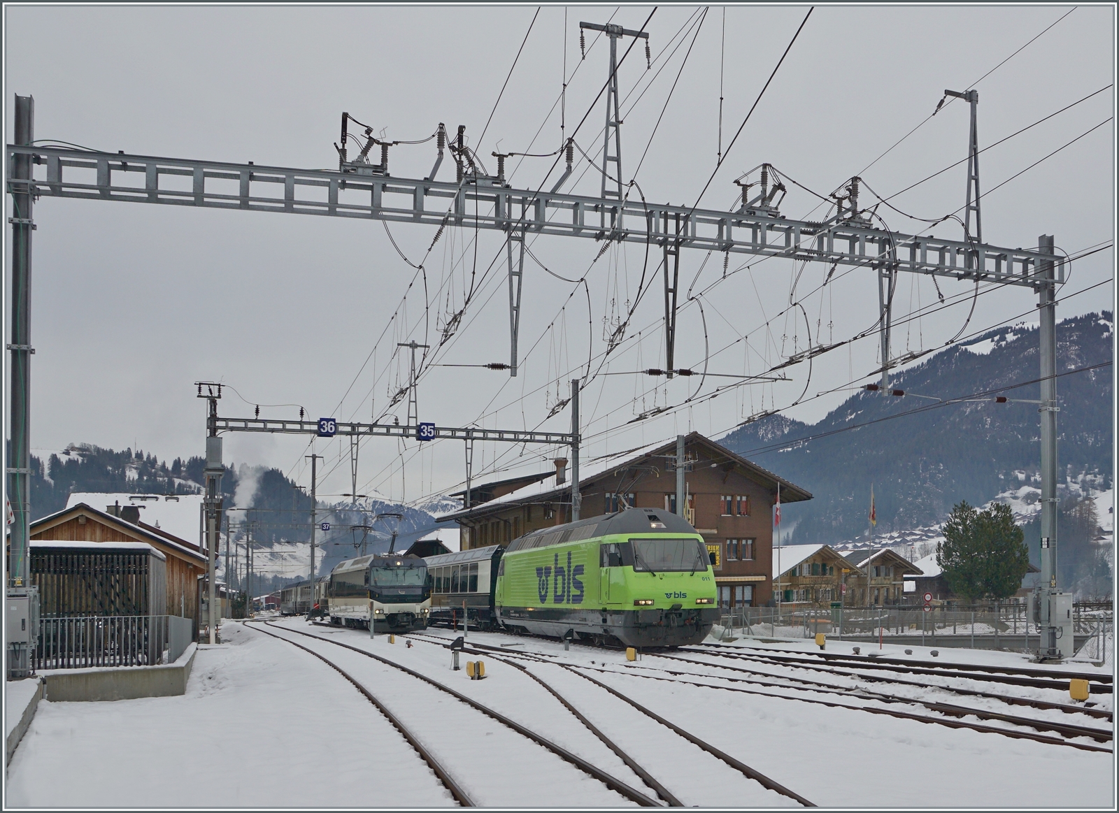 Die BLS Re 465 011 erreicht mit ihrem GoldenPass Express GPX 4065 von Interlaken Ost nach Montreux den Spurwechselbahnhof Zweisimmen. Im Hintergrund wartet die MOB Ge 4/4 8002 welche die Traktion des Zugs auf der schmalspurgien MOB übernehmen wird. 

15. Dezember 2022