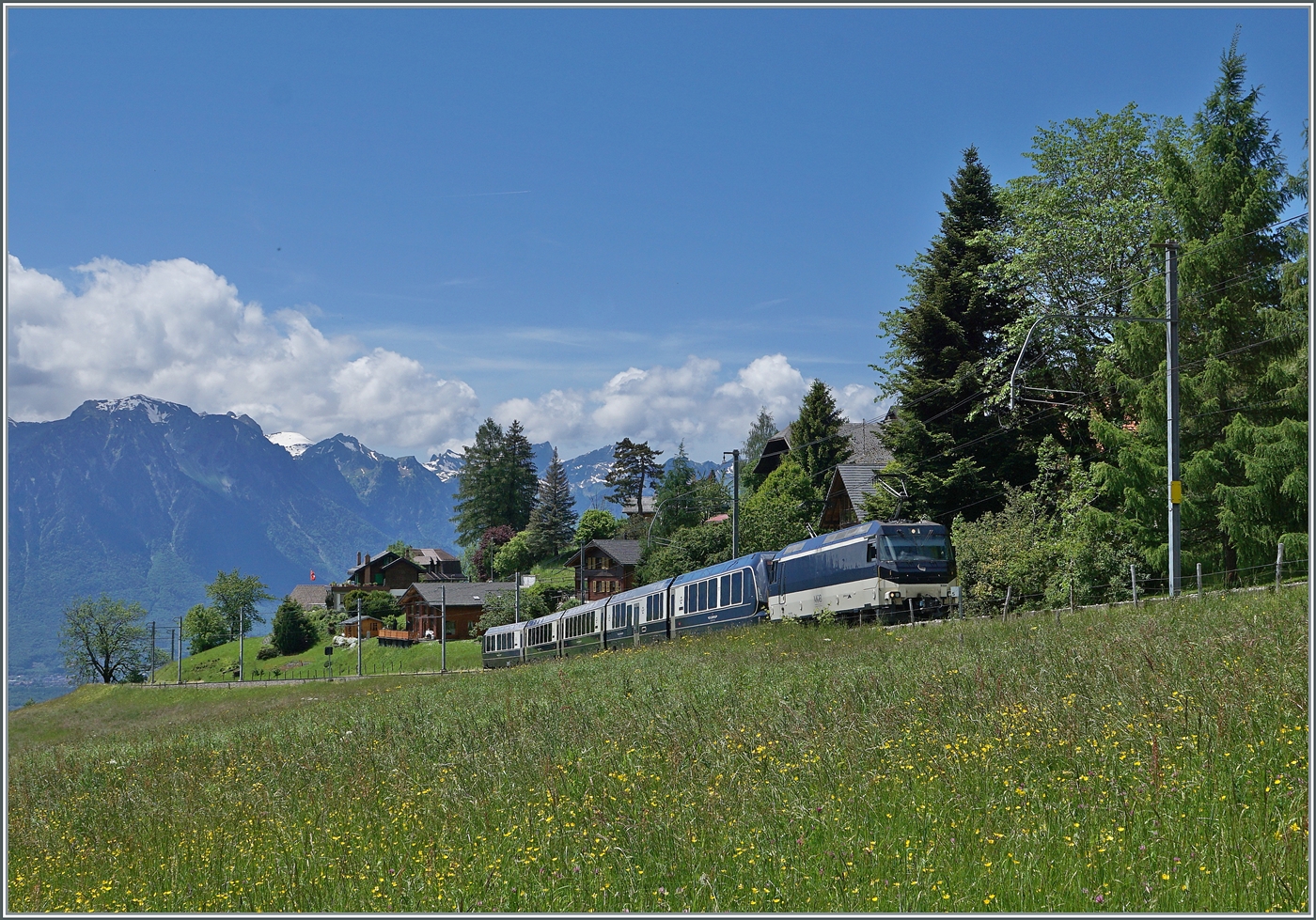 Die MOB Ge 4/4 8004 fährt mit ihrem GoldenPass Express GPX 4074 bei Les Avants durch fette grünen Voralpenwiesen. Der Zug ist von Montreux nach Interlaken Ost unterwegs, in Zweisimmen wechselt der Zug die Lok und Spur. Neuerdings verkehrt der GPX fünfteilig, d.h. ein Niederflurwagen wurde nun in den Zugsverband eingesetzt, der nach dem Steuerwagen Seite Zweisimmen läuft und bei diesem Bild gut zu sehne ist. 

Das Bild zeit neben relativ wenig Zug um so mehr Landschaft, links im Bild ist sogar noch ein Zipfelchen des Genfer Sees zu sehen.

28. Mai 2024