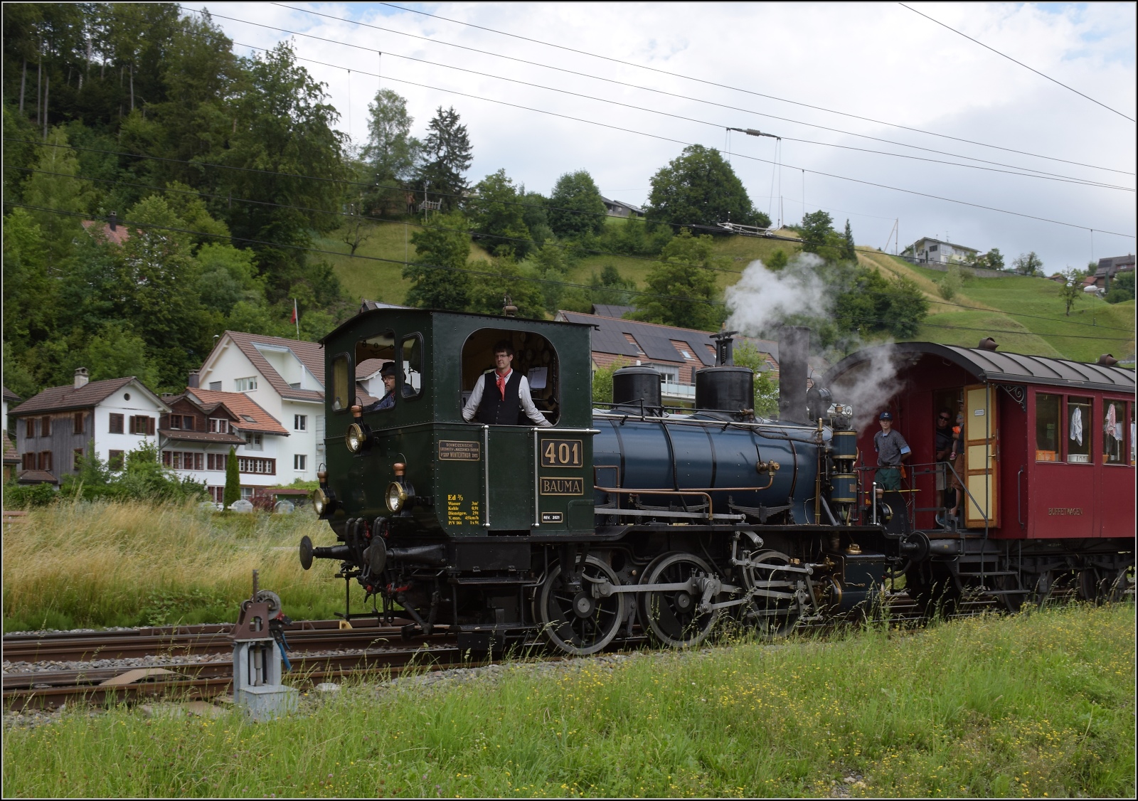 Fahrtag im Zürcher Oberland. 

Ankunft von Ed 3/3 401 der UeBB in Bauma. Juli 2023.