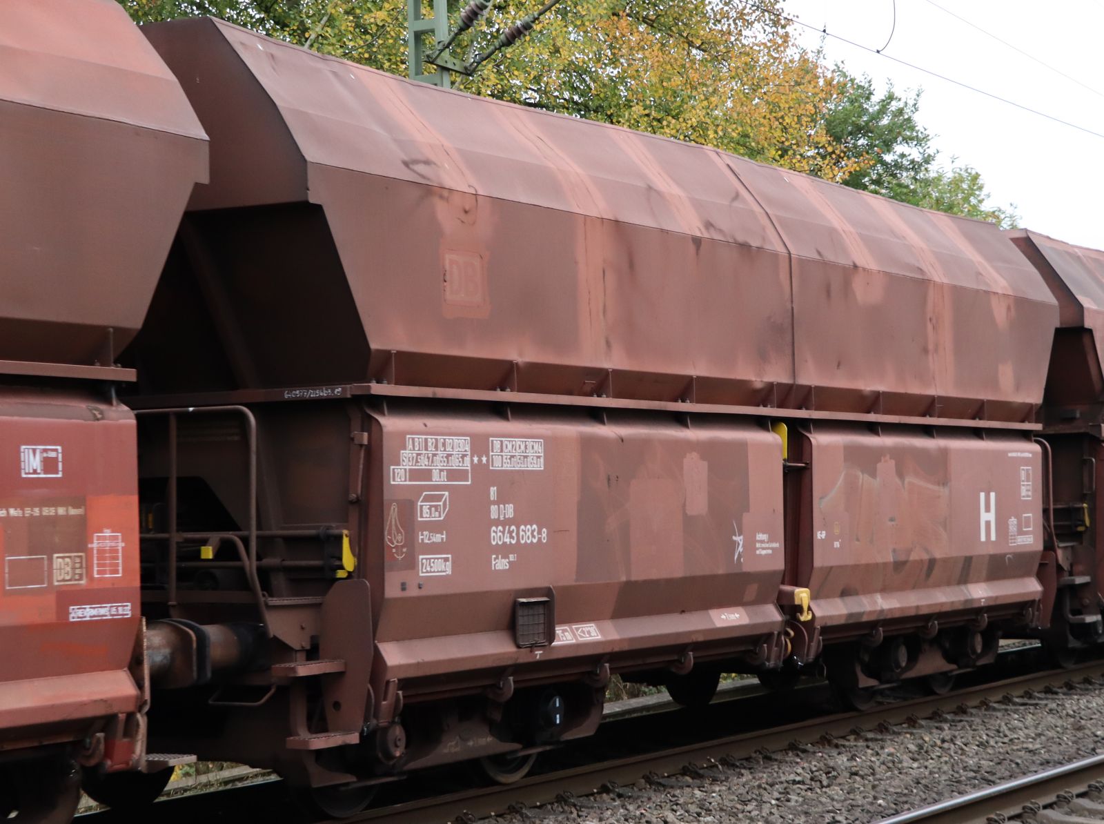 Falns Schttgutwagen mit schlagartiger Schwerkraftentladung mit Nummer 81 80 D-DB 6643 683-8 bei Bahnbergang Grenzweg, Hamminkeln, Deutschland 03-11-2022. 

Falns vierassige zelflosser met nummer 81 80 D-DB 6643 683-8 bij overweg Grenzweg, Hamminkeln, Duitsland 03-11-2022.

