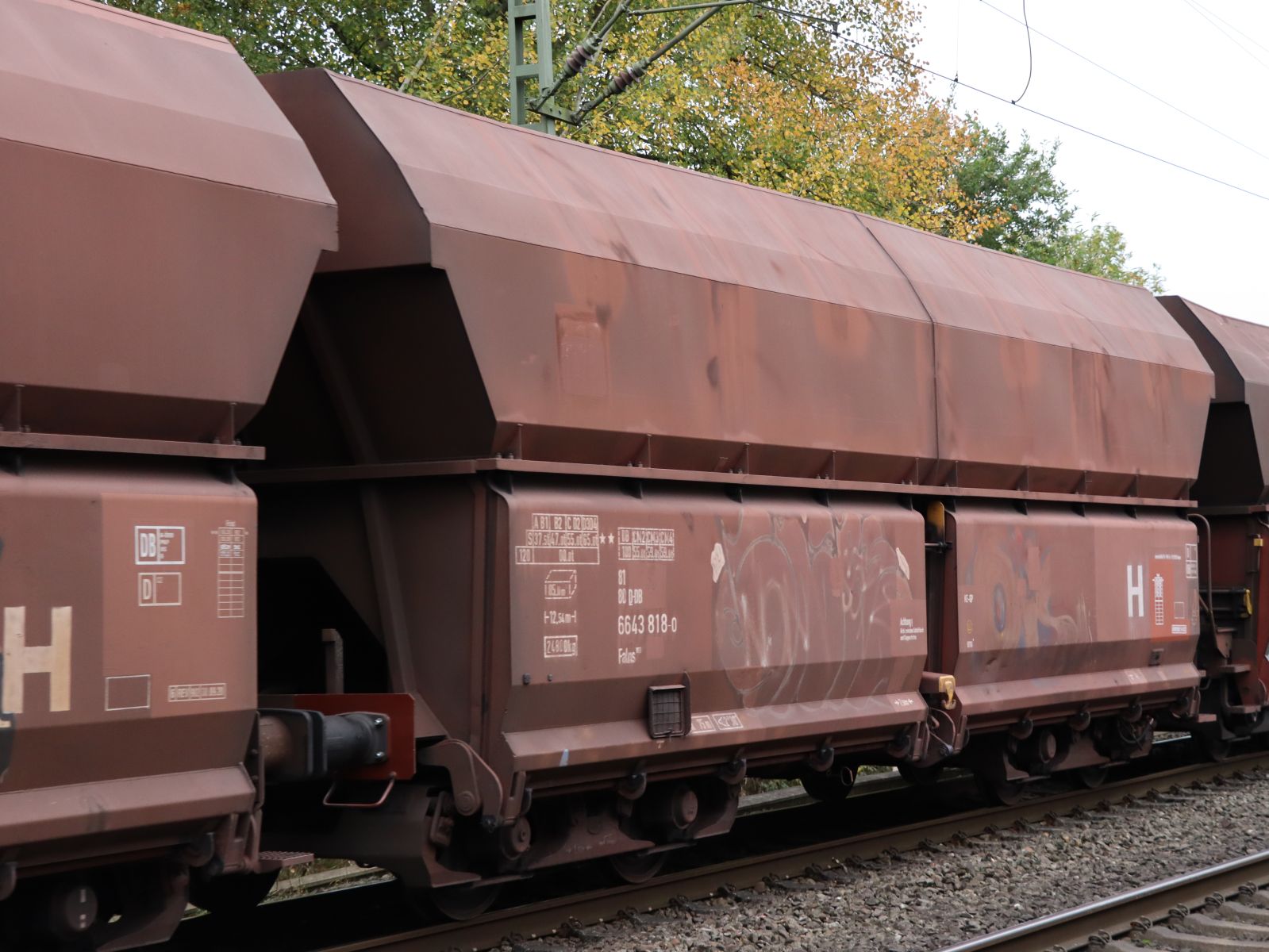 Falns Schttgutwagen mit schlagartiger Schwerkraftentladung mit Nummer 81 80 D-DB 6643 818-0 Grenzweg, Hamminkeln 03-11-2022.

Falns vierassige zelflosser met nummer 81 80 D-DB 6643 818-0 Grenzweg, Hamminkeln 03-11-2022.