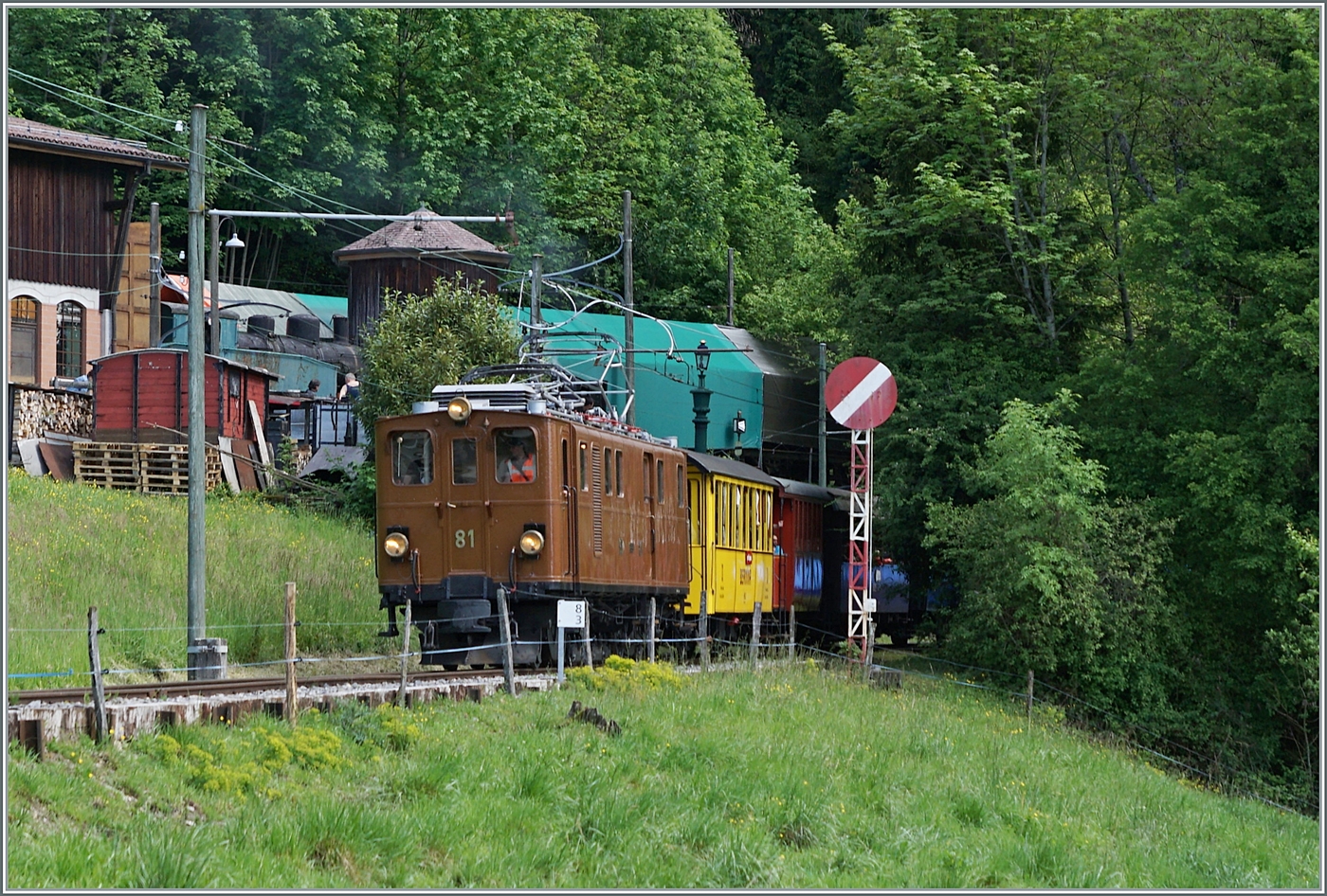 Festival Suisse de la vapeur 2024 / Schweizer Dampffestival 2024 der Blonay-Chamby Bahn - dazu gehört auch der direkte Zug von Vevey nach Chaulin und am späteren Nachmittag zurück, wobei am morgen mit Dampf und am Nachmittag mit elektrischer Traktion gefahren wird. 

Im Bild die RhB Bernina Ge 4/4 81 der Blonay Chamby Bahn mit dem Riviera Belle Epoque Zug nach Vevey kurz nach Chaulin. 

19. Mai 2024