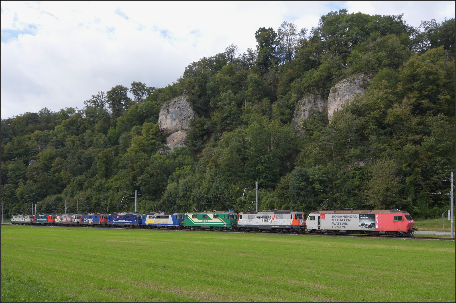 Grosses BoBo-Treffen in Balsthal: 60 Jahre Re 4/4 II in der Schweiz.  

Der zweite Teil zur Vervollständigung des Fotozuges: Von links nach rechts sind im Bild: 11230 (Lion), 11257 (Entsorgung), 11252 (Wartung mit Durchblick), 11251 (175 Jahre Schweizer Bahnen), 11160 (Cargo), 11379 (Zürich-München), 11117 (WRS 502), 11142 (MBC 506), 11119 (Rhomberg-Sersa 503), Re 456 095 (SOB). Oensingen, September 2024.
