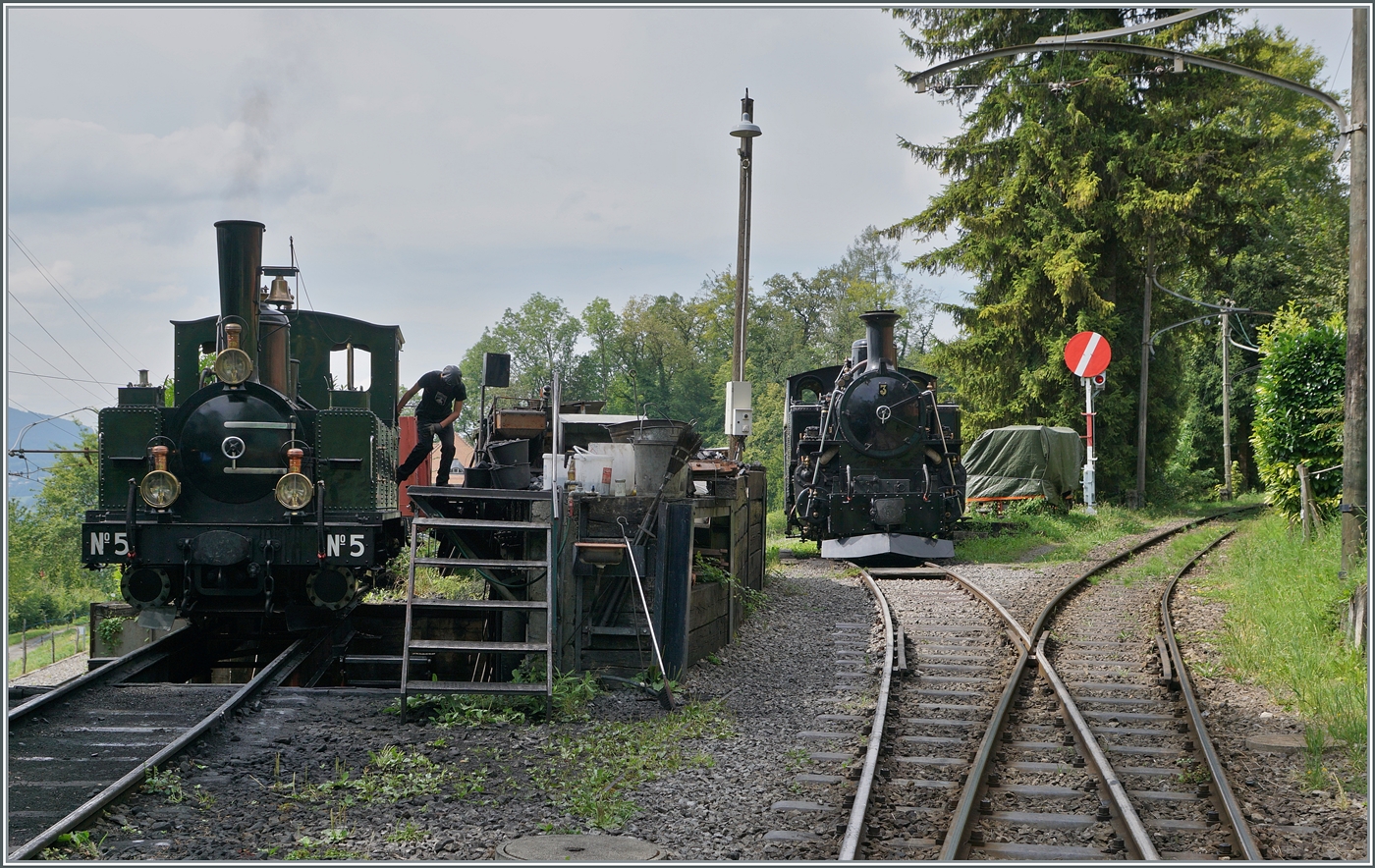 In Chaulin wird die LEB G 3/3 N° 5 der Blonay Chamby Bahn bekohlt und mit Wasser versorgt, während die BFD HG 3/4 N° 3 der Blonay Chamby Bahn im Hintergrund abgestellt auf ihren nächsten Einsatz wartet.

4. Aug. 2024