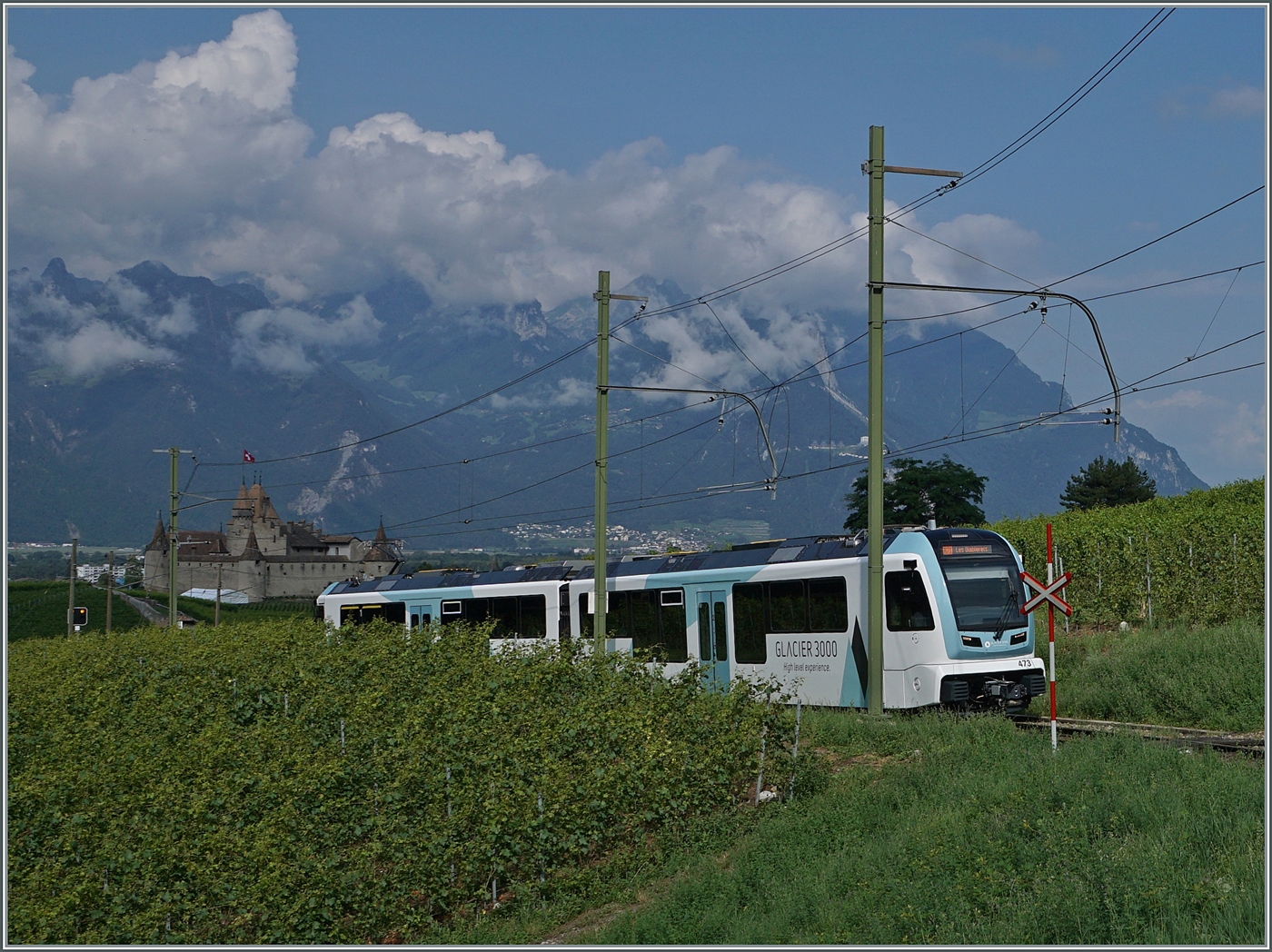 In den Weinreben und von diesen etwas verdeckt fährt der neue TPC ASD ABe 4/8 473  Glacier 3000  oberhalb von Aigle in Richtung Les Diablerets. 

3. Aug. 2024
