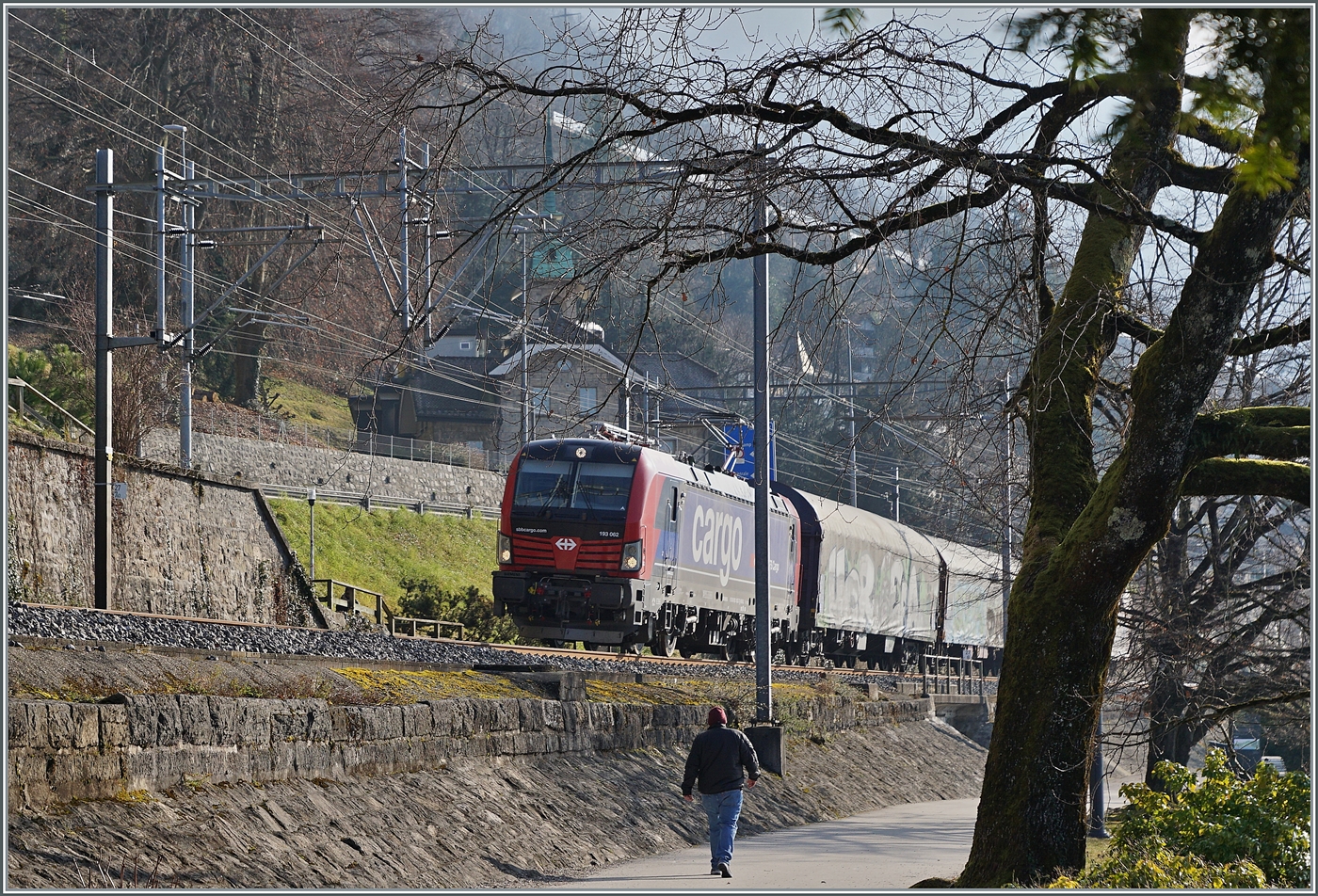 Kurz nach Villeneuve ist die von SBB Cargo gemietet 193 062 mit einem kurzen Güterzug auf der Fahrt in Richtung Lausanne.

14. Januar 2025