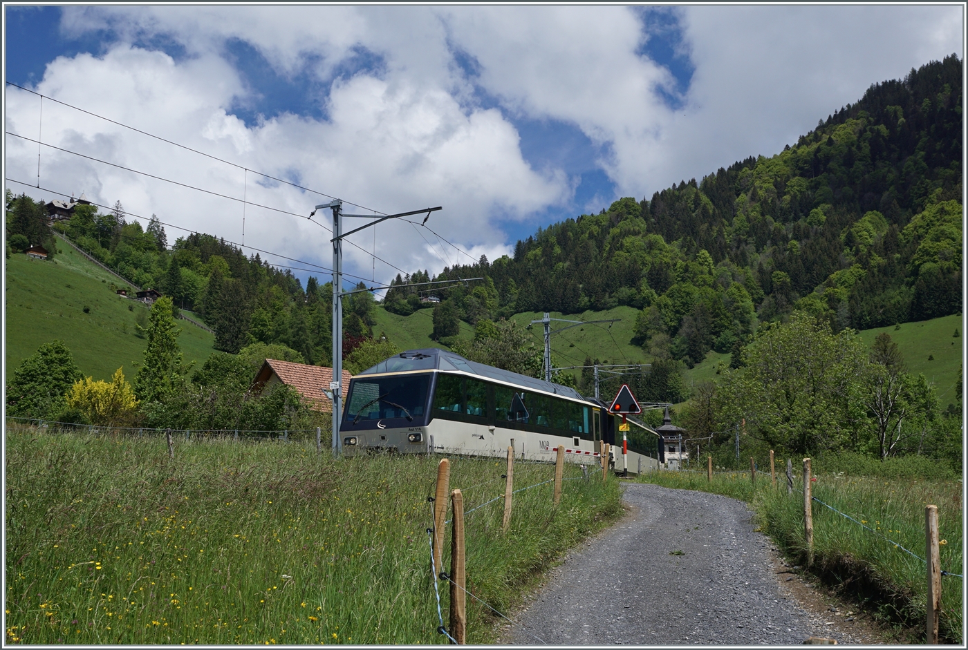 Mit dem Aussichtsteuerwagen Ast 116 an der Spitze und einem  Alpina  Be 4/4 Serie 9000 am Zugschluss ist ein MOB Regionalzug von Zweisimmen nach Montreux bei Les Avants unterwegs. 

28. Mai 2024