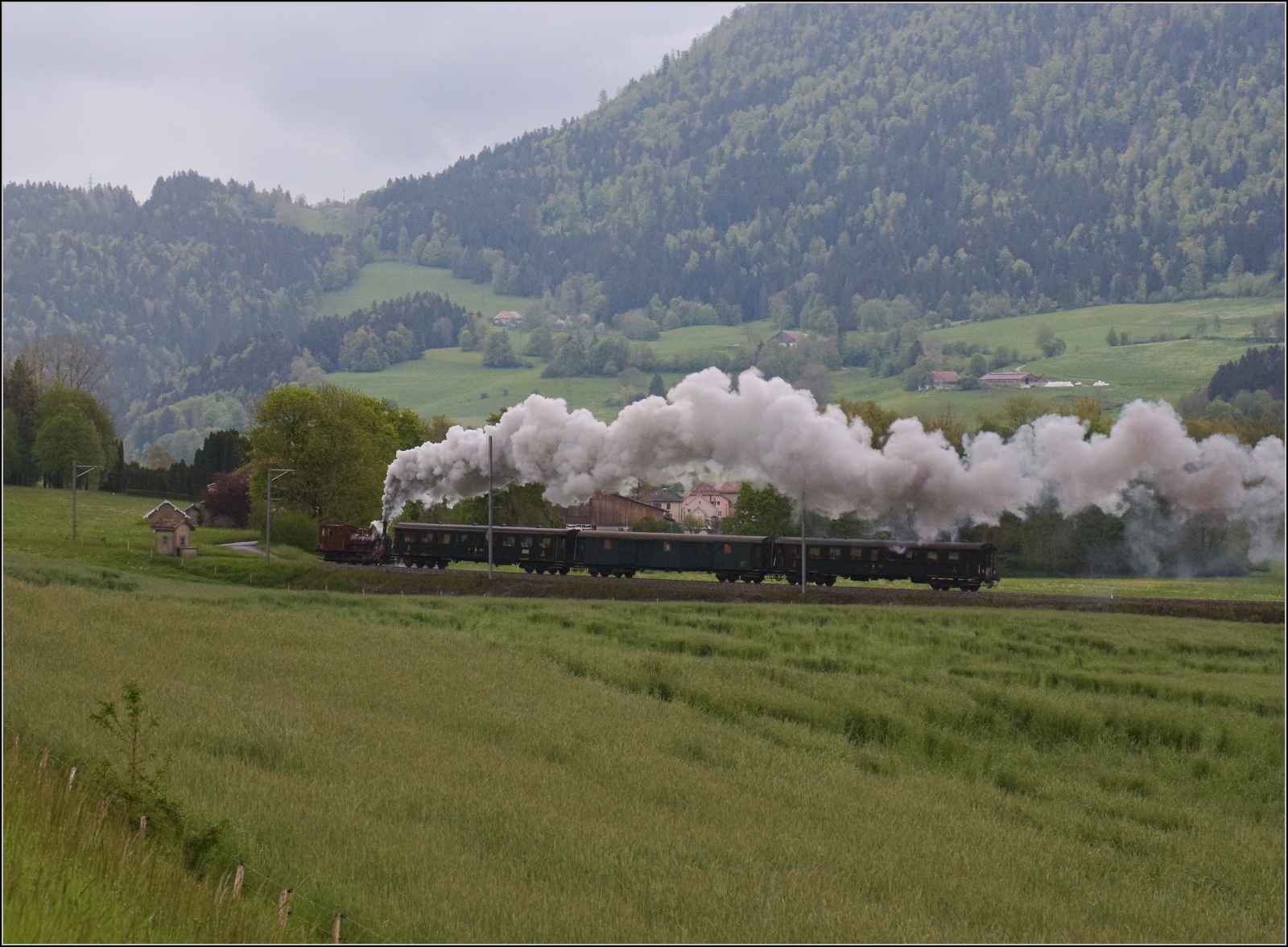Vapeur Val-de-Travers: Train du Terroir.

E 3/3 8511 mit ihrem Zug in der Steigung von La Presta nach Travers. Mai 2023.