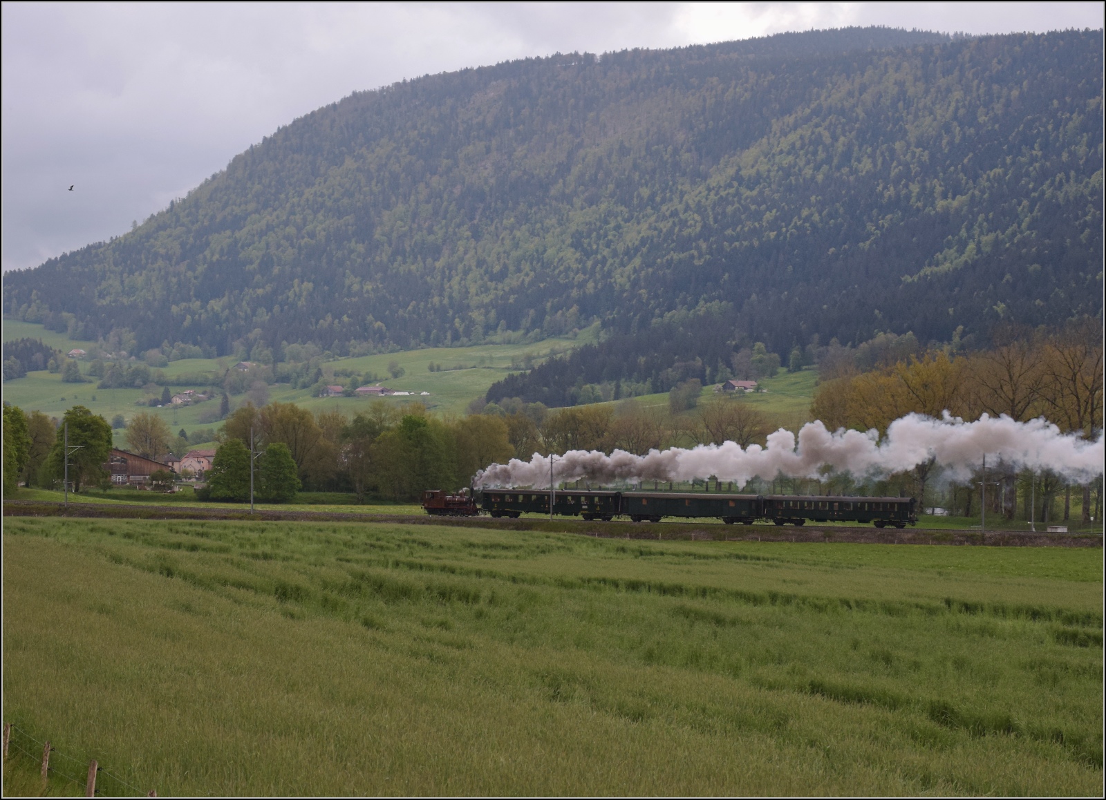 Vapeur Val-de-Travers: Train du Terroir.

E 3/3 8511 mit ihrem Zug in der Steigung von La Presta nach Travers. Der Bergr�cken im Hintergrund ist eigentlich der 1464 m hohe Soliat, dessen h�chster Punkt sich ein wenig auf der Hochebene versteckt. Mai 2023.
