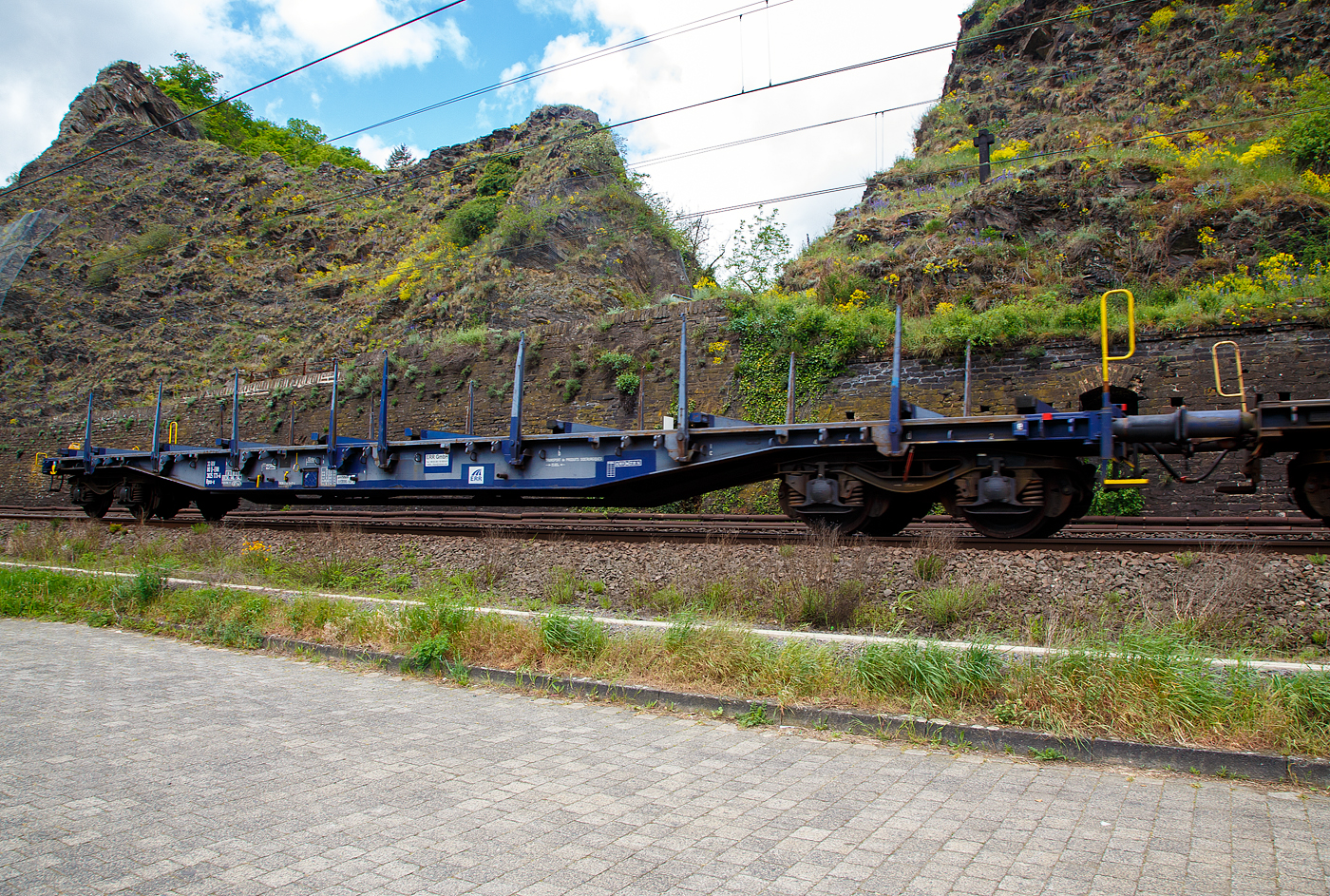 Vierachsiger Drehgestell-Flachwagen, mit Drehungen und Ladeschwellen, ohne Seiten- und Stirnwandklappen, 33 80 3825 173-6 D-ERR der Gattung Rpss-x, der ERR European Rail Rent GmbH am 30.04.2018 im Zugverband bei einer Zugdurchfahrt durch Kobern-Gondorf.
 
TECHNISCHE DATEN:
Spurweite: 1.435 mm (Normalspur)
Anzahl der Achsen: 4 in 2 Drehgestellen
Länge über Puffer: 20.640 mm
Drehzapfenabstand: 15.600 mm
Achsabstand in den Drehgestellen: 1.800 mm
Laufraddurchmesser: 920 mm (neu)
Eigengewicht: 25.300 kg
Ladelänge: 18.400 mm
Ladebreite zw. Rungen: 2.600 mm
Ladefläche: 49,0 m²
Maximale Ladegewicht: 54,7 t (ab Streckenklasse C)
Höchstgeschwindigkeit: 120 km/h 
Kleinster befahrbarer Gleisbogenhalbmesser: R 35 m
Bremse: CH-GP-A (LL)
Bremssohle: IB 116
Intern. Verwendungsfähigkeit:  RIV