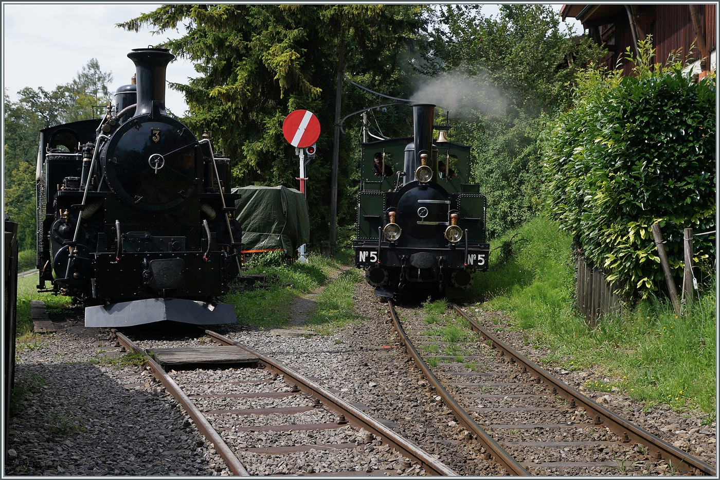 Während die BFD HG 3/4 N° 3 der Blonay Chamby Bahn in der Lokwartung kalt abgestellt ist, dampft die LEB G 3/3 N° 5 (Baujahr 1890) der Blonay Chamby Bahn zur Lokwartung und lässt herrlich ihre Nieten in der Sonne funkeln.

4. Aug. 2024 
