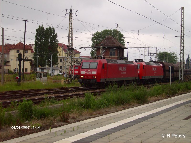 145 062-6 und 145 022-0 durchfahren Frankfurt/Oder mit ein Kohlependel nach Ziltendorf. 03.06.07