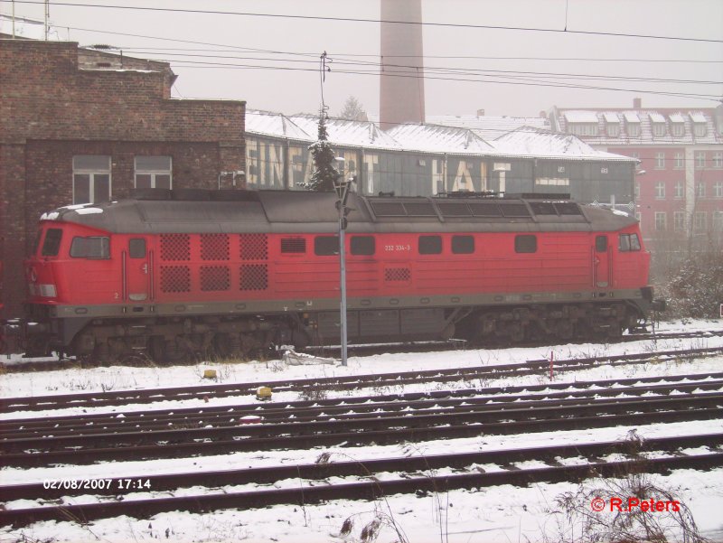 232 334-3 steht im verschneiten Frankfurt/oder abgestellt. 08.02.07