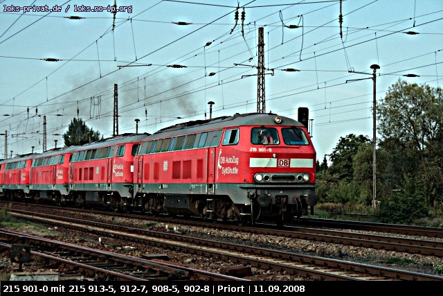 DB AutoZug SyltShuttle 215 901-0 mit Lokzug bestehend aus 215 913-5, 215 912-7, 215 908-5 und 215 902-8. Ein Gruß geht auch an den Tf, der es hat mal richtig qualmen lassen (Priort, 11.09.2008)
<br><br>
Update: Die Loks von DB SyltShuttle der Baureihe 215 sind seit geraumer Zeit z-gestellt