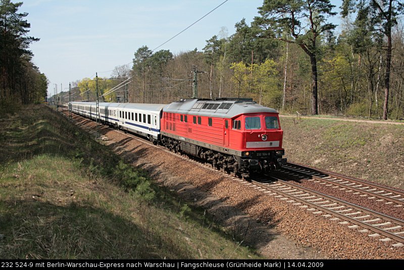DB Schenker 232 524-9 mit dem Berlin-Warschau-Express nach Warschau (ohne Logo, ex 132 524-0, gesichtet Gr�nheide Fangschleuse, 14.04.2009).
<br><br>
- Update: ++ 2018 bei Fa. Bender, Opladen (genaues Datum unbekannt)