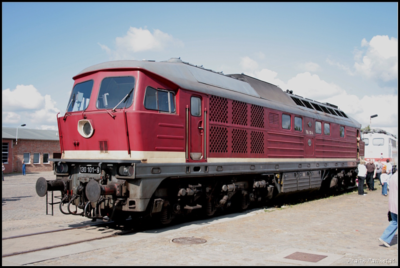 DR 130 101-9 kam aus Halle/Saale um den Geburtstag des Werks zu begehen. Die Lok stand auf Gleis 5 im offenen Bereich (80 Jahre Werk Dessau, Dessau-Süd 12.09.2009)
<br><br>
Gebaut wurde die Lok 1974 mit der Fabriknummer 0138. Im gleichen Jahr kam sie zur Reichsbahn der DDR und wurde als 130 101-9 eingereiht. 1992 erfolgte die Umzeichnung in 230 101-8. Als die Lok zur DB kam wurde sie als 754 101-4 registriert. z-Stellung erfolgte am 30.04.1997, Ausmusterung am 30.04.1997 in Halle [G]. Kurz darauf ging sie an das DB Museum Nürnberg, dann als Leihgabe an die BSW-Gruppe Traditionsgemeinschaft Bw Halle P e. V., Halle (Saale) als  130 101-9 .