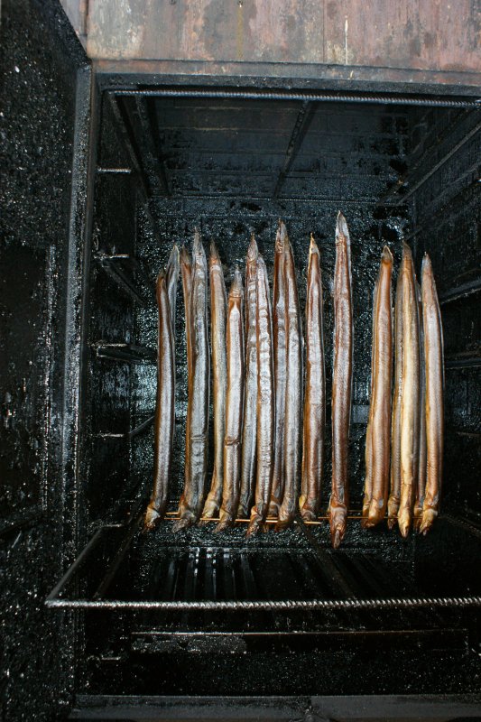 Einblick in die R�ucherkammer: frisch ger�ucherter Aal, ein k�stliches Mittagessen.
(Juni 2009)