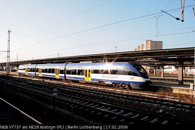 NEB VT 737 / 643 409 als NE26 Kostrzyn in der Wintersonne (Berlin Lichtenberg, 17.01.2009).