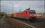 DB 152 141-8 mit einem Containerzug (gesehen Bebra 14.10.2010 - Update: 03.07.2012 im Aw Dessau mit Unfallschaden z)