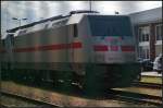 DB Fernverkehr 146 551-7 in IC-Lackierung mit zwei weiteren Loks und einem IC-Dosto am 13.08.2014 auf dem Bombardier-Gel�nde in Hennigsdorf b.