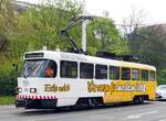 Stra�enbahn / Stadtverkehr;  Gera;   T 4 DMC Nr.104 II Schleifwagen von Tatra CKD Baujahr 1984 in Gera am 30.04.2015. Das Fahrzeug hat hier 2 Einholmstromabnehmer und ein Jahr sp�ter nur einen Scherenstromabnehmer.