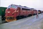 NSB NOHAB Diesellok Di3 629 mit Schwesterlok und Gterzug angekommen in Bod, Norwegen 21-04-1993.