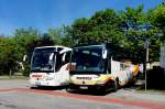 2 mal Mercedes Benz,rechts ein Travego von Prammer Reisen aus sterreich und links ein Tourismo von Pulay/sterreich,Krems 20.Mai 2014.