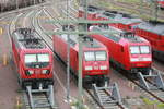 187 113, 145 048 und 145 074 abgestellt am Bw Halle G in Halle/Saale am 14.7.20