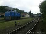 R�BB 251 01 und weit im Hintergrund die PRESS 346 001 im Bahnhof Putbus am 30.5.15