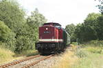 114 703 (203 230) und 86 1744 mit Ziel Bergen auf R�gen bei der Vorbeifahrt an der Ortschaft Alt Sassitz am 30.7.21