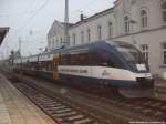 OLA VT 0009 mit dem Schild  Letzte Fahrt der OLA : 14.12.13! mit ziel Ueckerm�nde Stadthafen im Bahnhof G�strow am 14.12.13