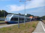 UBB GTW 2/6er im 3er-Pack mit ziel Z�ssow im Bahnhof Seebad Heringsdorf am 27.7.14