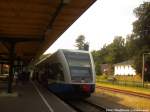 UBB GTW 2/6 mit ziel Swinem�nde Centrum (PL) im Bahnhof Seebad Heringsdorf am 28.7.14
