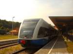 UBB GTW 2/6 mit ziel Z�ssow im Bahnhof Seebad Heringsdorf am 28.7.14