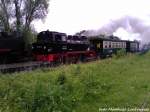 R�BB 99 4802 unterwegs nach Ostseebad G�hren bei der Ausfahrt aus Putbus am 29.5.13