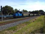 R�BB 251 901 als Schlusslicht unterwegs nach Lauterbach Mole bei derausfahrt aus Putbus am 27.8.13