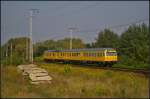 Nachschuss auf DB Netz 9160 001-0 / 9160 002-8, dem Lichtraummesszug LIMEZ III
<br><br>
Als Basis für den Messzug dienten 614 045-3 und 614 046-1 (719 046). Der Umbau erfolgte 2005, die Übergabe fand feierlich auf der InnoTrans 2006 statt. Auf der Stirnfront befindet sich ein spezieller Rahmen der das Videomesssystem, 2D-Fächer- und 2D-Rotationsscanner, Schienenprofilscanner und andere Komponenten aufnimmt. Am 17.09.2014 fuhr der Messzug durch die Berliner Wuhlheide (NVR-Nummern 99 80 9 160 001-0 D-DB / 99 80 9 160 002-8 D-DB)