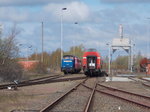 Blick am 24.April 2016 in die Est Mukran wo die an BalticPort Mukran vermietete V60 02 von EGP abgestellt stand.Auch zuerkennen vor der V60 zwei 140er.