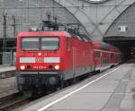 143 120-4 mit RB 26136 von Leipzig Hbf nach Lutherstadt Wittenberg bei der Ausfahrt im Leipziger Hbf.14.04.2013