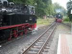 Zugkreuzung in Binz.99 4802 wartete auf die Einfahrt von 99 1782 am 17.August 2009.