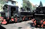 99 594 Bauart Meyer und 99 1774, mit Fantasienummer einer polnischen Px 48 in Ochsenhausen im Mai 1990.