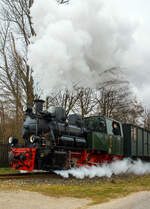Die Jung Schmalspur Dampflok 20  Haspe  der Selfkantbahn bzw. Interessengemeinschaft Historischer Schienenverkehr e. V. (IHS) zieht ihren Personenzug am 31 Mrz 2013 bei Birgden in Richtung Gillrath. 

Fahrzeuggeschichte:
Die Dampf-Tenderlokomotive wurde 1956 von der Arnold Jung Lokomotivfabrik GmbH, Jungenthal bei Kirchen an der Sieg unter der Fabriknummer 12783 und an die 900 mm-Werksbahn der Klckner-Htte in Hagen-Haspe. Im Zuge der Stillegung der Hasper Htte kaufte die IHS 1972 auch die 20 und 21 und lies diese in der Werkstatt der DVG (Duisburger Verkehrsgesellschaft AG) auf 1.000 mm umspuren. 1980 Taufe auf den Namen „Haspe“.

Neben den schmalspurigen Kleinbahnen gab es eine groe Anzahl schmalspuriger Werks- und Industriebahnen. Fr diese Betriebe entwickelten einige Lokomotivfabriken nach dem Baukastensystem Typenreihen fr Lokomotiven verschiedener Spurweiten und Leistungsklassen. Die Lokomotivfabrik Jung in Jungenthal/Sieg besa ein solches Programm schon in den Zwanzigerjahren. Diese Maschinen der  Standardkollektion  vom Typ 200 PS konnten nach Katalog bestellt werden. Whrend des 2. Weltkrieges durften nur noch Lokomotiven eines Standardprogramms, die Kriegsdampflokomotiven (KDL), von Lokomotivfabriken im deutschen Machtbereich hergestellt werden.

Aus dem Typ KDL 10 dieses Programms abgeleitet, lieferte Jung 1956 drei Maschinen an die 900 mm-Werksbahn der Klckner-Htte in Hagen-Haspe. Die robuste Bauart der Dampflokomotiven 19, 20 und 21 bewhrte sich auch im harten Betriebseinsatz bei der Hasper Htte. Im Frhjahr 1970 entschloss sich die IHS, die gerade abgestellte Lok 19 zu erwerben. Nach dem Umbau auf eine Spurweite von 1.000 mm wurde die Lok ab dem 10. Juli 1971 auf der Selfkantbahn eingesetzt.

Im Zuge der Stillegung der Hasper Htte 1972 kaufte die IHS auch noch die beiden freiwerdenden Schwestermaschinen 20 und 21. Ihre Namen erhielten die Lokomotiven erst bei der Selfkantbahn, 1980 wurde die Lok 20 auf den Namen  Haspe , 1986 die Lok 21 auf den Namen  Hagen  getauft. Die politische Wende in der DDR im Jahre 1989 machte es dann mglich, da die Lok 20 im Jahre 1991 als eine der ersten Museumsdampflokomotiven in der Werksttte des ehemaligen VEB Mansfeld-Kombinats Wilhelm Pieck des Mansfelder Bergbaureviers eine groe Revision erhielt. Die Lok 19 ist seit 1977 abgestellt, die Lok 21 befindet sich seit langer Zeit in Aufarbeitung.

Konstruktive Merkmale:
Die Lokomotiven haben einen Wassertank im Rahmen und Kohlenksten vor dem Fhrerhaus. Sie haben Heusinger-Steuerung und Kolbenschieber. Der Antrieb erfolgt auf die zweite Achse. Die Druckluftbremse und die Beleuchtungsanlage wurden erst fr die Selfkantbahn eingebaut. Ursprnglich war ein Pufferbgel und ein darber angeordneter Kupplungshaken vorhanden, bei der Selfkantbahn erhielten die Lokomotiven eine Balancierhebel-Kupplung „Sylter Bauart“, diese
wurden ab 1976 „Standard-Kupplung“ der Selfkantbahn.

TECHNISCHE DATEN:
Baujahr: 1956
Hersteller: Arnold Jung Lokomotivfabrik GmbH, Jungenthal bei Kirchen a. d. Sieg
Fabriknummer: 12783
Kessel-Nr. seit Dez. 12784 von Lok 21 (zuvor 12783)
Spurweite: 1.000 mm (ehemals 900 mm)
Achsanordnung: Bn2t
Typ: 200 PS, abgeleitet von KDL 10
Lnge ber Puffer: 7.200 mm
Breite 2.300 mm
Hhe: 3.200 mm
Achsabstand: 1.800 mm
Raddurchmesser: 800 mm (neu)
Gewicht der Lok: 22,0 t
Hchstgeschwindigkeit: 30 km/h
Zugkraft: 58 kN
Leistung: 200 PS
Zylinderanzahl: 2 ( 350 mm x 400 mm Hub)
Rostflche: 1,00 m
Heizflche: 52,5 m, 126 Heizrohre 44,5 x 2,5
Kesseldruck: 13 bar
Kohlevorrat: 0,3 t
Wasservorrat (im Rahmen): 1,6 m
Bremse: K-PmZ (urspr. Dampf) / Wurfhebel, Bremsgewicht 7 t
Kupplung: Sylter Puffe