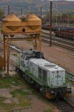 CFL Cargo 1109; Vossloh G 1000 BB; 92 80 1271 016-8 D-CFLCA, BJ 2004; Bau NR 5001541; Bau Art B’B-dh; seit 2021 an CFL Cargo vermietet, Steht bei der Besandungs Anlage in Esch-Belval. Aufgenommen in der Abstellung Esch Belval, von der Fahrrad und Fußgänger Brücke Velodukt. 16.10.2025