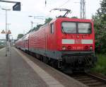 114 040-9 mit S1 von Warnemnde nach Rostock Hbf kurz nach der Ankunft im Bahnhof Rostock-Bramow.01.06.2013