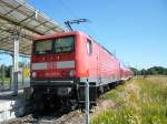 Die Neue berfrte 114 026-8 fr Cottbus, steht am 18.08.2009 als RE4 in Wismar.