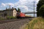 145 065-9 DB Schenker Rail Deutschland AG mit einem Kesselzug  Schwefelsäure mit mehr als 51% Säure  in Vietznitz und fuhr in Richtung Wittenberge weiter.