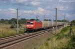145 028-7 DB Schenker Rail Deutschland AG mit einem  Continental  Containerzug in Brandenburg und fuhr in Richtung Brandenburger Hbf weiter.